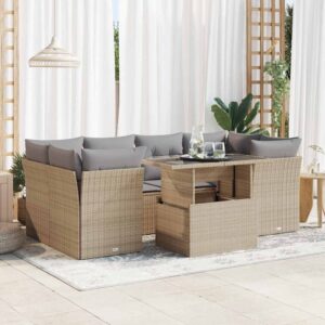 Set Divani da Giardino 7 pz con Cuscini Beige in Polyrattan