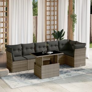 Set Divani da Giardino 7 pz con Cuscini Grigio in Polyrattan