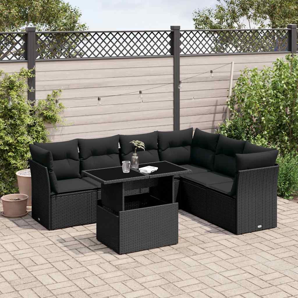 Set Divani da Giardino con Cuscini 7pz Nero Polyrattan