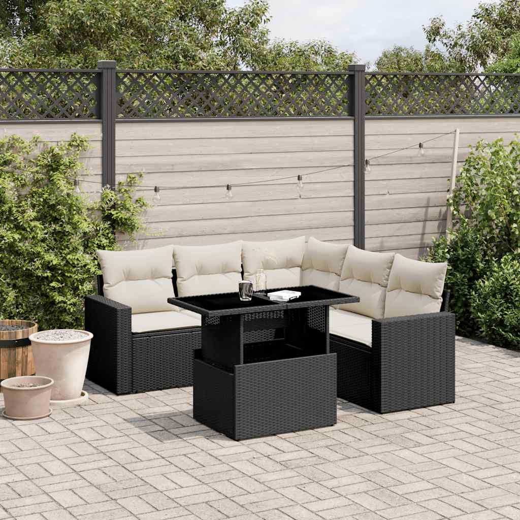 Set Divano da Giardino 6 pz con Cuscini Nero in Polyrattan