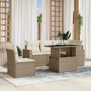 Set Divano da Giardino 6 pz con Cuscini Beige in Polyrattan