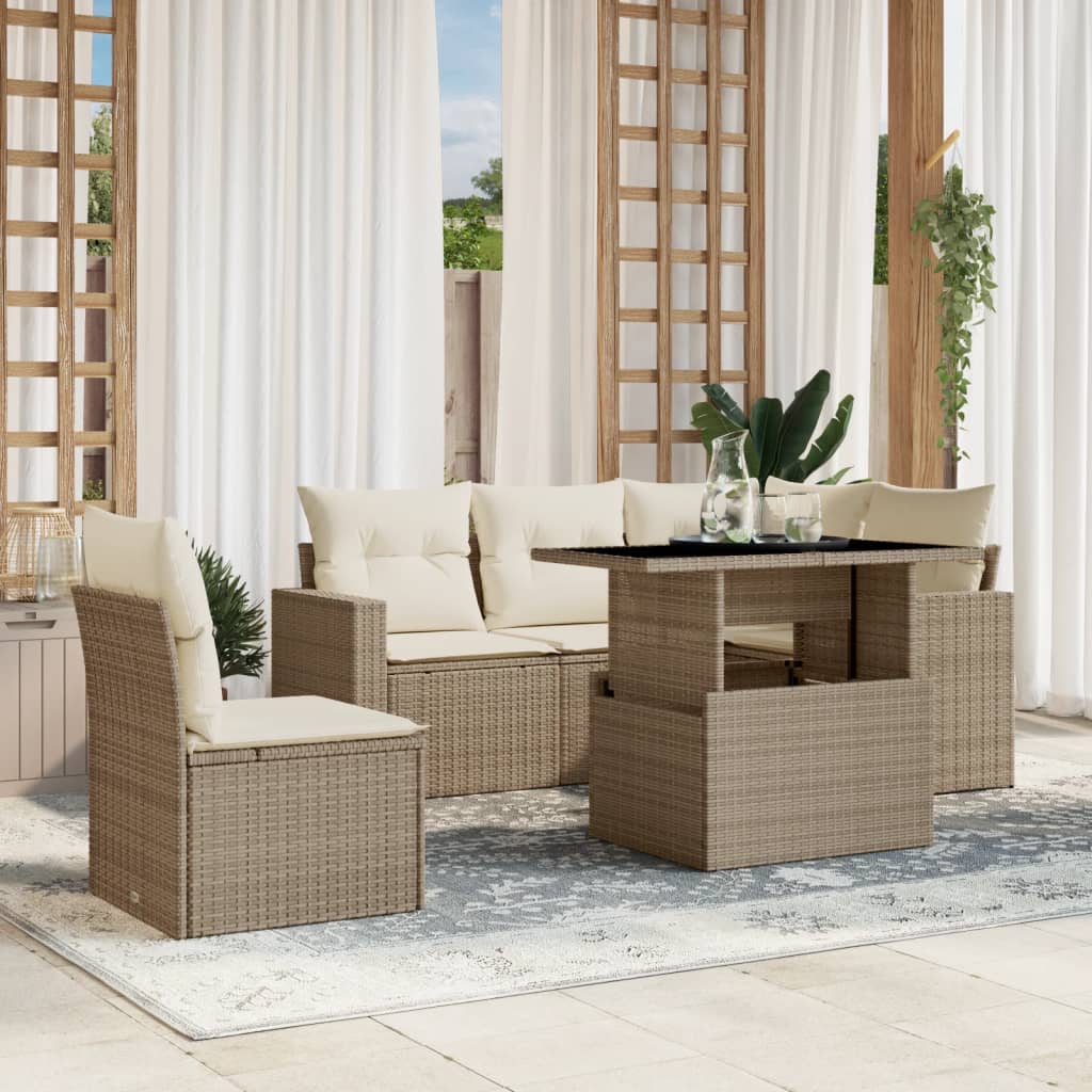 Set Divano da Giardino 6 pz con Cuscini Beige in Polyrattan