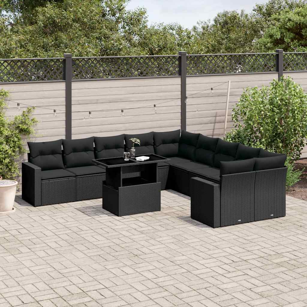 Set Divani da Giardino 11 pz con Cuscini in Polyrattan Nero