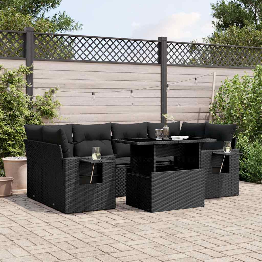 Set Divani da Giardino con Cuscini 7pz Nero Polyrattan