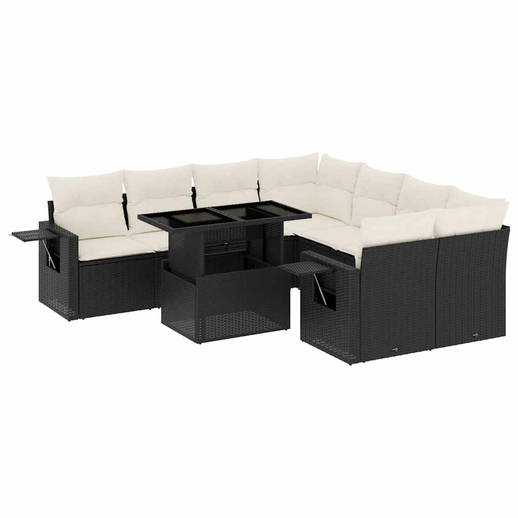 Set Divani da Giardino 9 pz con Cuscini Nero in Polyrattan - immagine 2