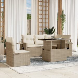 Set Divano da Giardino 6 pz con Cuscini Beige in Polyrattan
