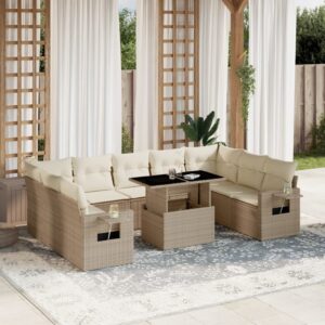 Set Divano da Giardino 10 pz con Cuscini Beige in Polyrattan