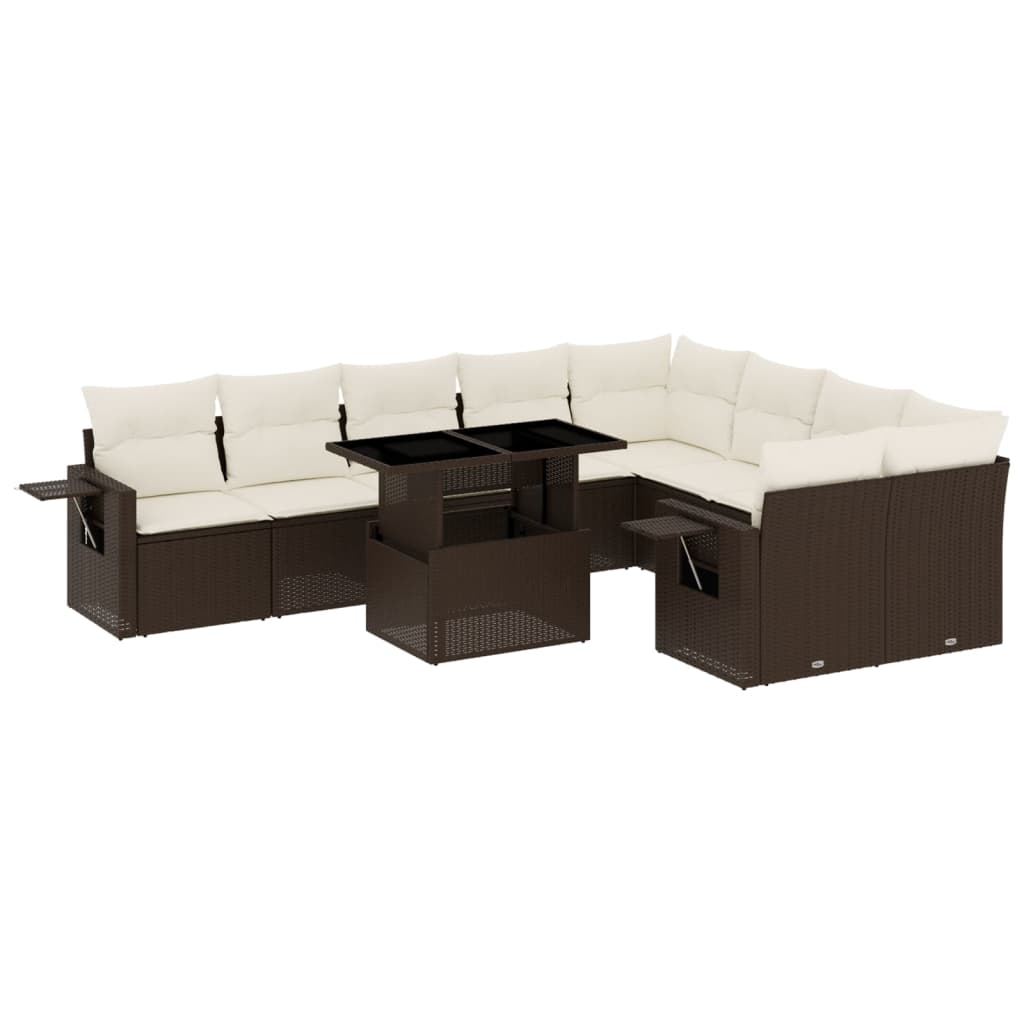 Set Divani da Giardino 10pz con Cuscini in Polyrattan Marrone - immagine 2
