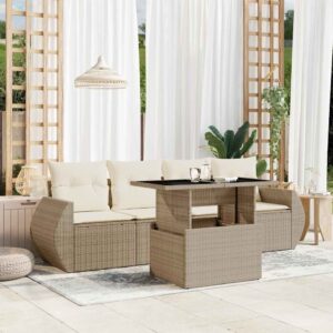 Set Divano da Giardino 5 pz con Cuscini Beige in Polyrattan