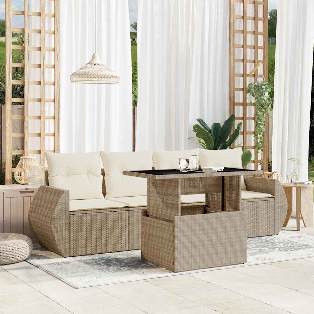 Set Divano da Giardino 5 pz con Cuscini Beige in Polyrattan