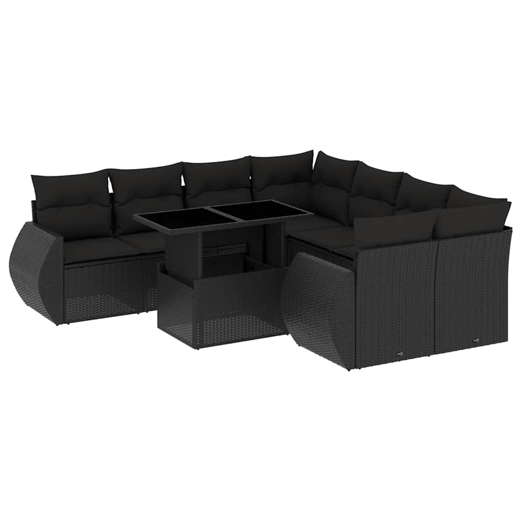 Set Divani da Giardino 9 pz con Cuscini Nero in Polyrattan - immagine 2