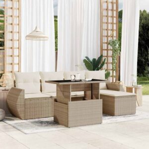 Set Divano da Giardino 6 pz con Cuscini Beige in Polyrattan