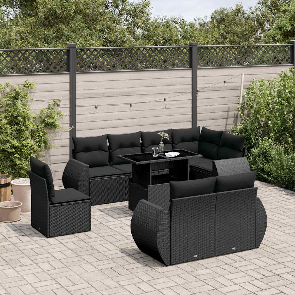 Set Divani da Giardino 9 pz con Cuscini Nero in Polyrattan
