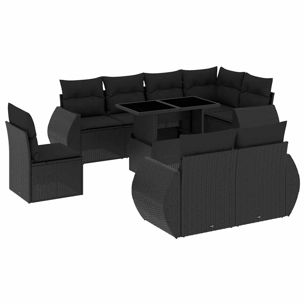 Set Divani da Giardino 9 pz con Cuscini Nero in Polyrattan - immagine 2