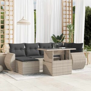 Set Divani da Giardino 7pz con Cuscini Grigio Chiaro Polyrattan