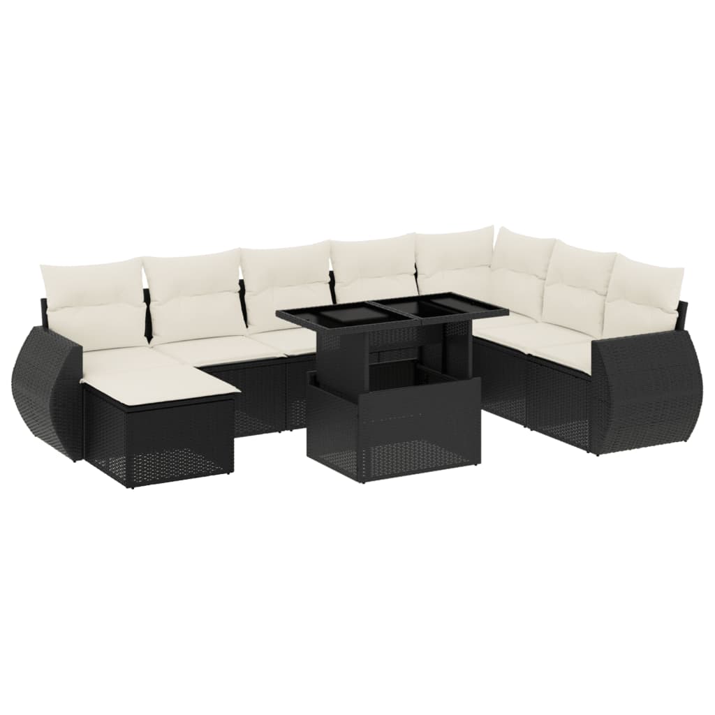 Set Divani da Giardino 9 pz con Cuscini Nero in Polyrattan - immagine 2