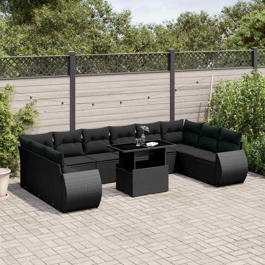Set Divani da Giardino 11 pz con Cuscini in Polyrattan Nero