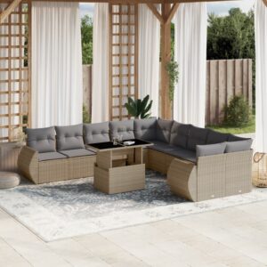 Set Divani da Giardino 11 pz con Cuscini Beige in Polyrattan