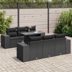 Set Divani da Giardino con Cuscini 7pz Nero Polyrattan