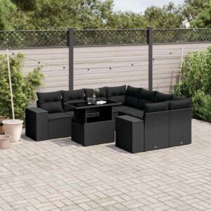 Set Divani da Giardino 9 pz con Cuscini Nero in Polyrattan