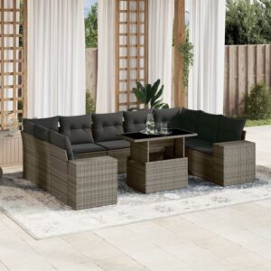 Set Divano da Giardino 10 pz con Cuscini Grigio in Polyrattan