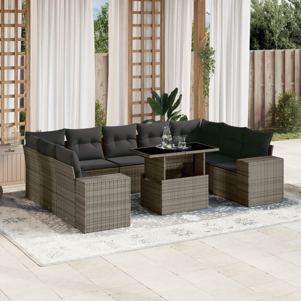 Set Divano da Giardino 10 pz con Cuscini Grigio in Polyrattan