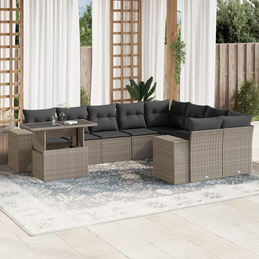 Set Divano Giardino 10 pz con Cuscini Grigio Chiaro Polyrattan