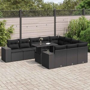 Set Divani da Giardino 11 pz con Cuscini in Polyrattan Nero
