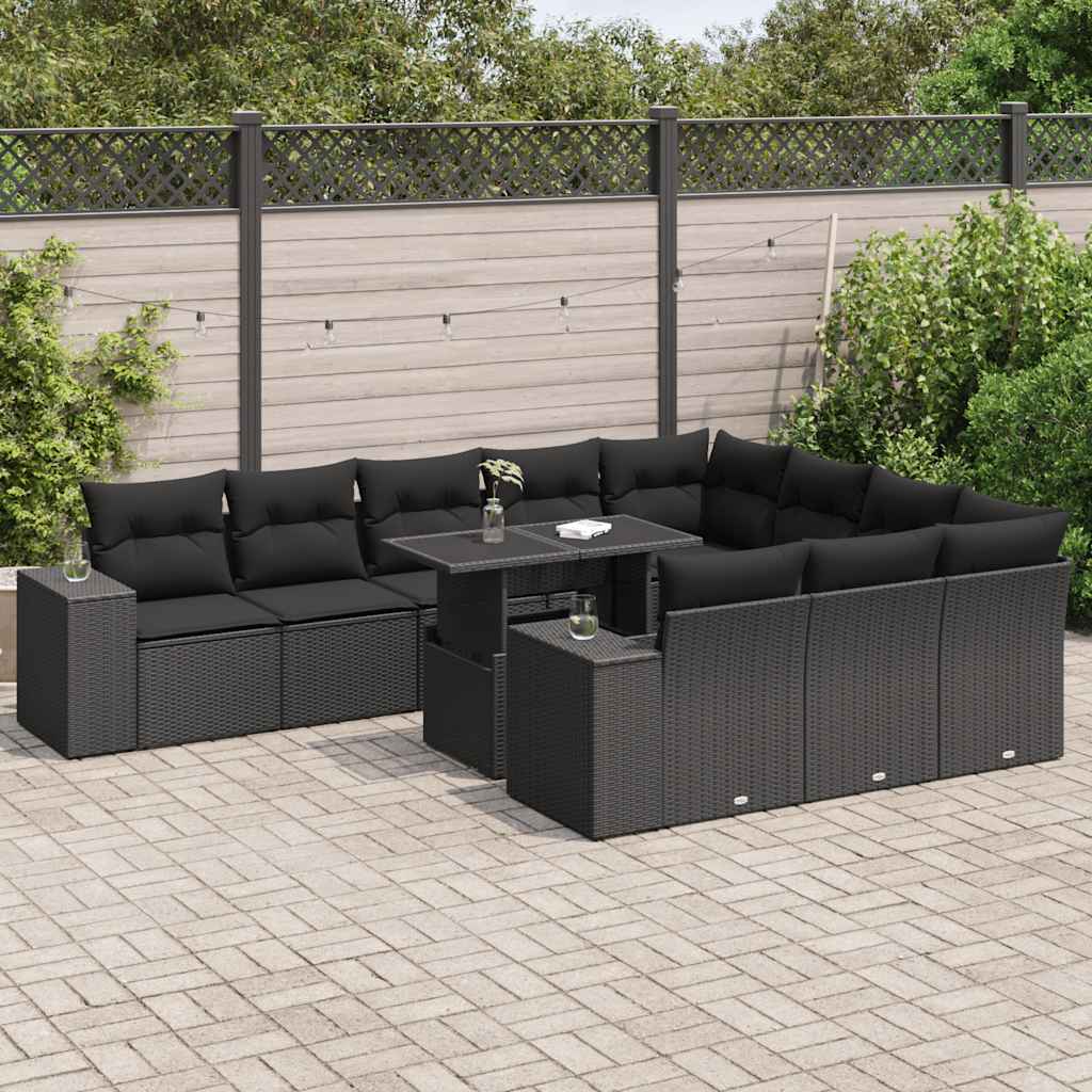 Set Divani da Giardino 11 pz con Cuscini in Polyrattan Nero