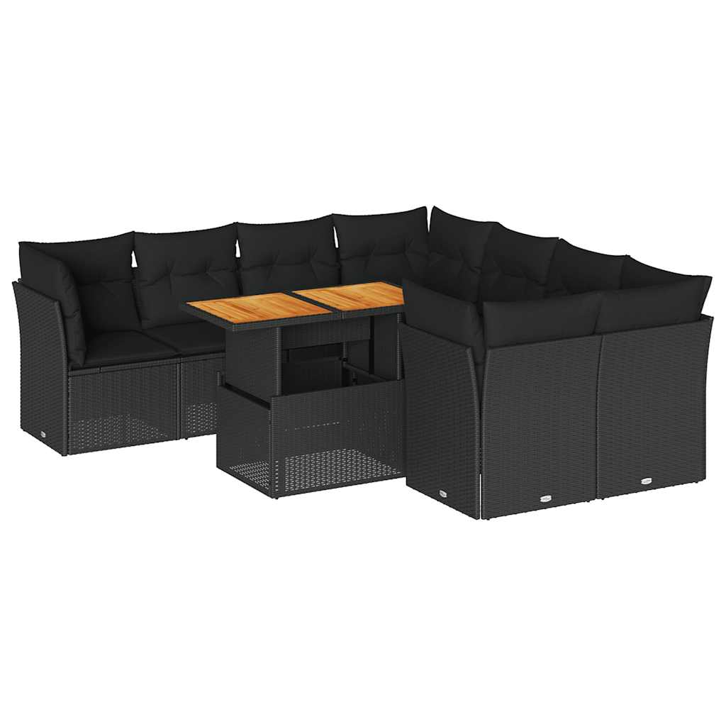 Set Divani da Giardino 9 pz con Cuscini Nero in Polyrattan - immagine 2