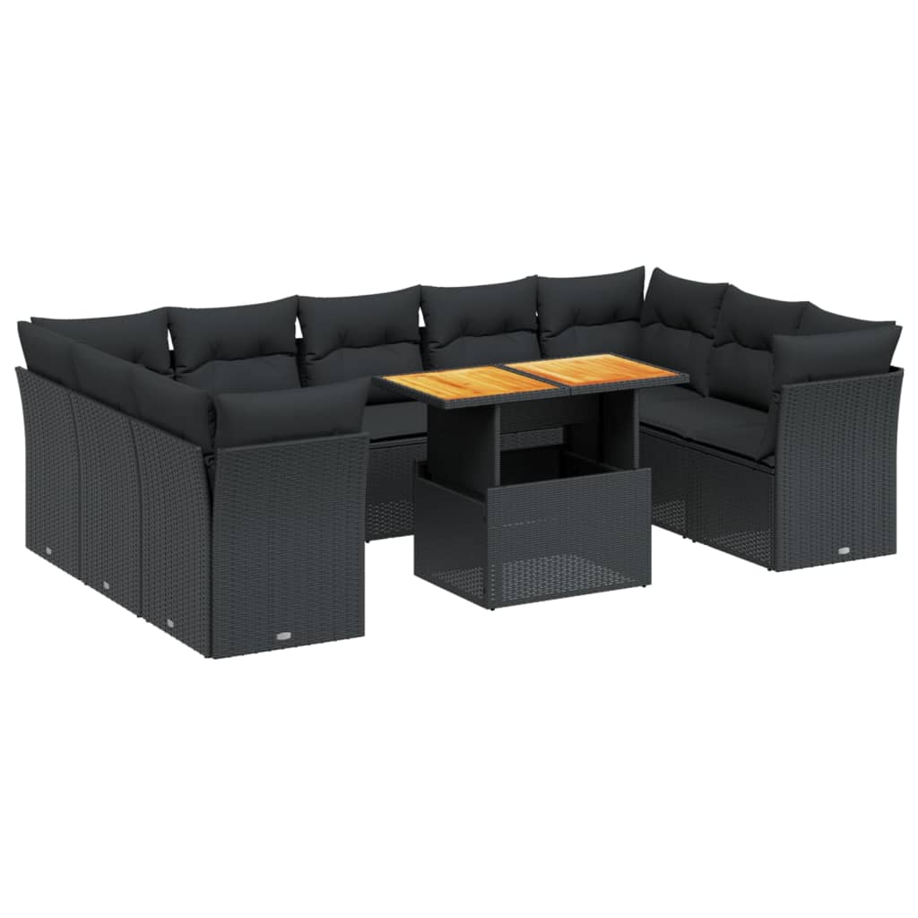 Set Divani da Giardino 10pz con Cuscini in Polyrattan Nero - immagine 2