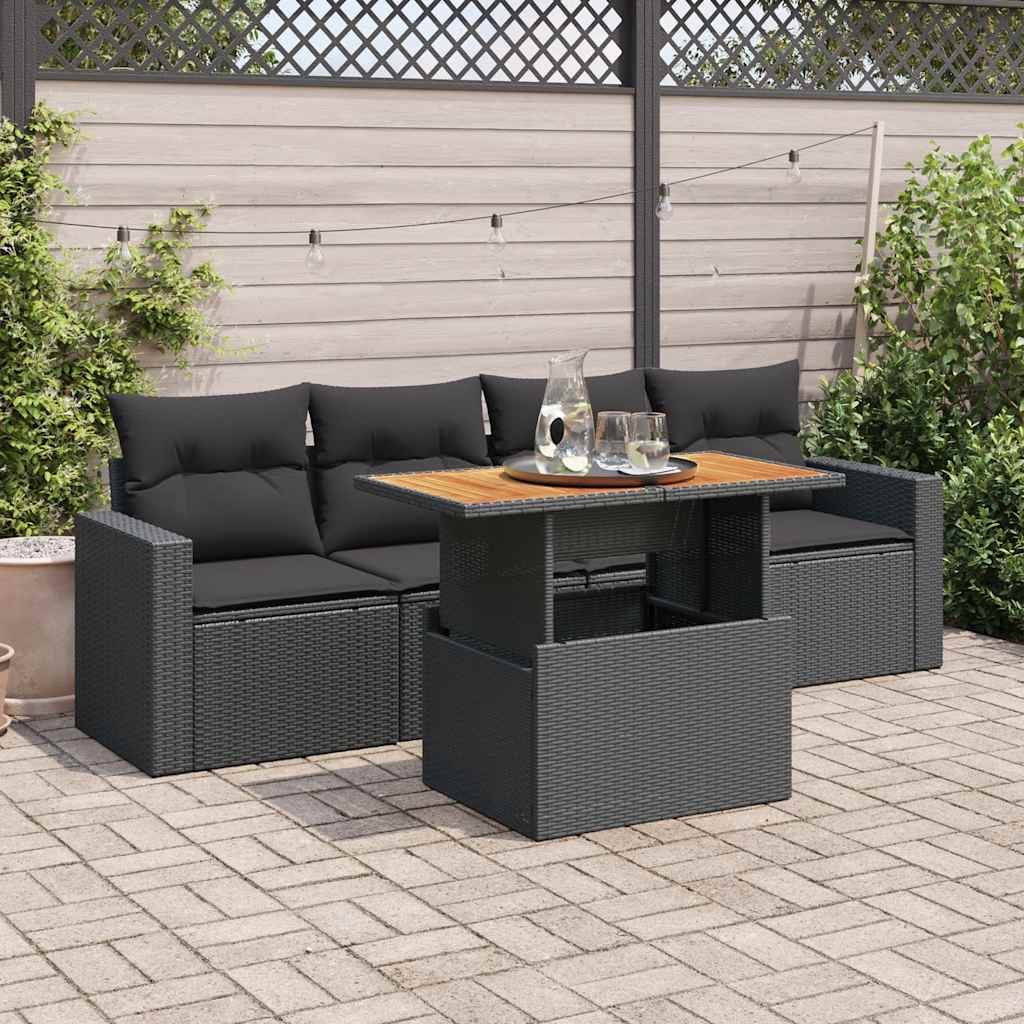 Set Divani da Giardino 5 pz con Cuscini in Polyrattan Nero