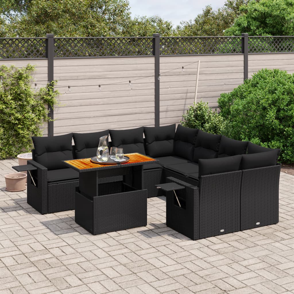 Set Divani da Giardino 9 pz con Cuscini Nero in Polyrattan