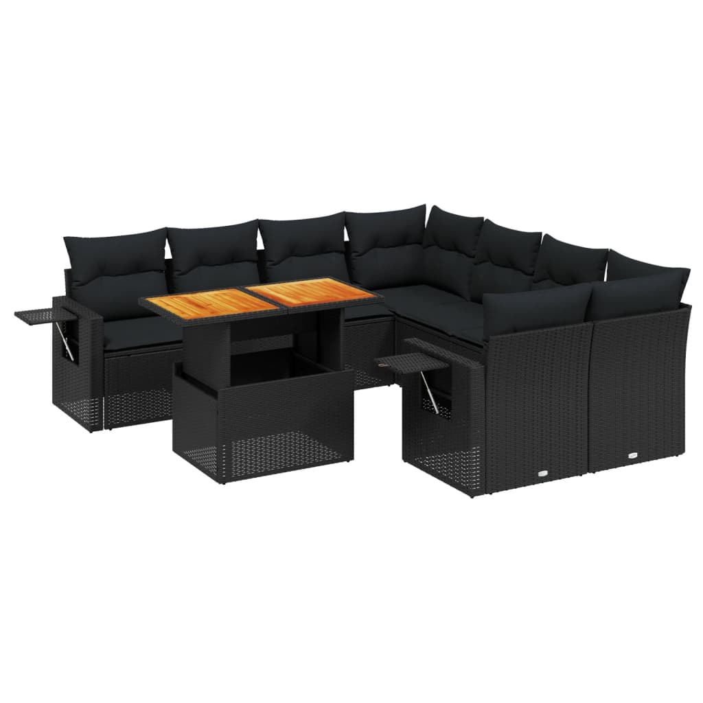 Set Divani da Giardino 9 pz con Cuscini Nero in Polyrattan - immagine 2