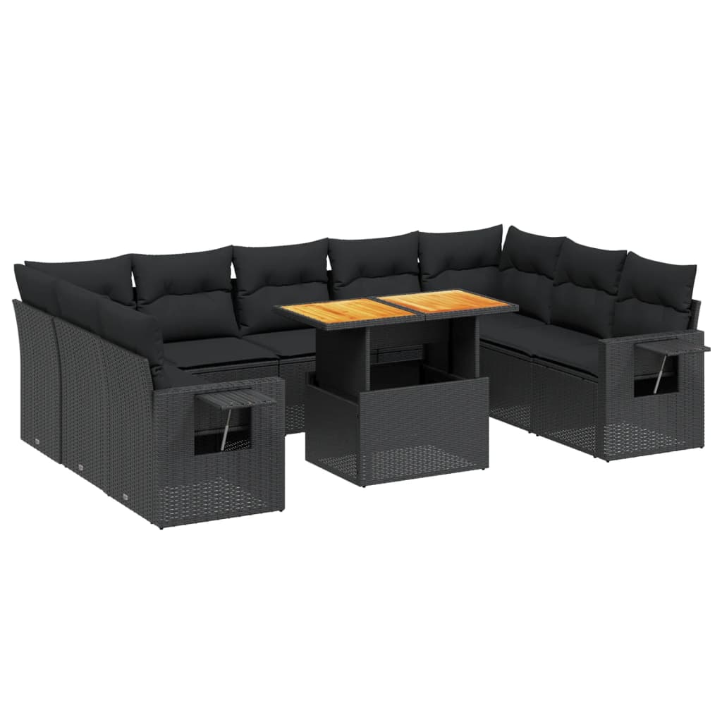 Set Divani da Giardino 10pz con Cuscini in Polyrattan Nero - immagine 2