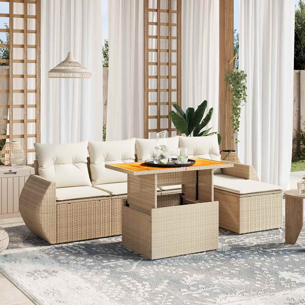 Set Divano da Giardino 6 pz con Cuscini Beige in Polyrattan