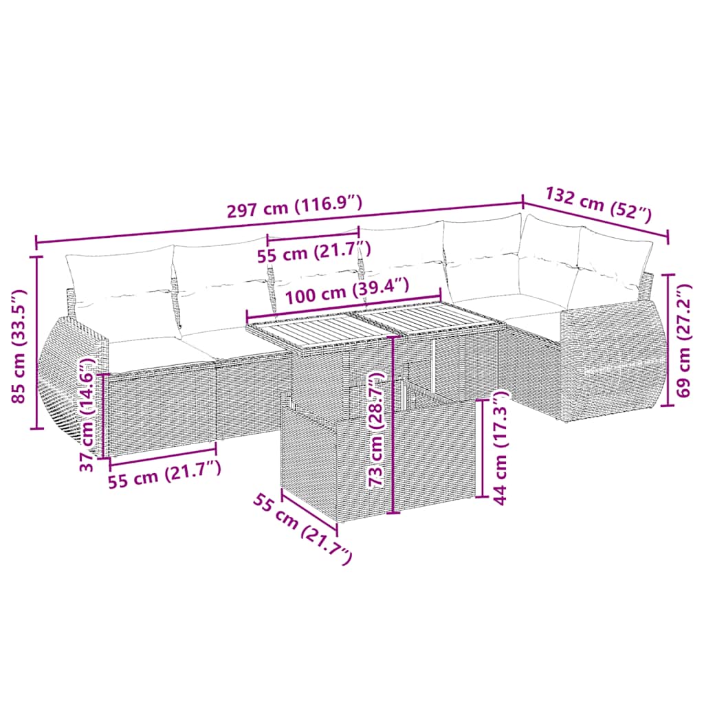 Set Divani da Giardino 7 pz con Cuscini Beige in Polyrattan - immagine 3