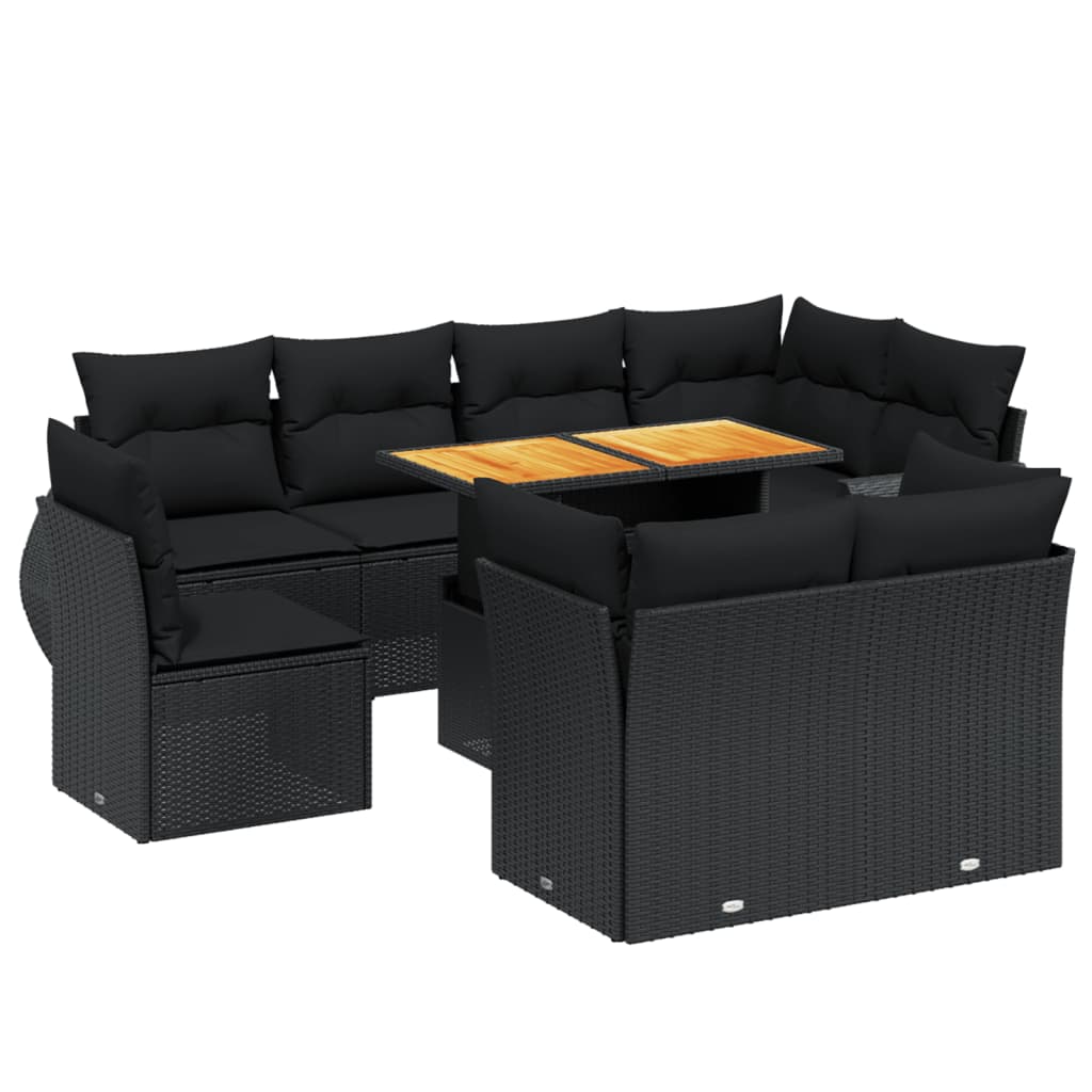 Set Divani da Giardino 9 pz con Cuscini Nero in Polyrattan - immagine 2