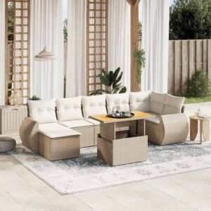 Set Divano da Giardino 8 pz con Cuscini Beige in Polyrattan