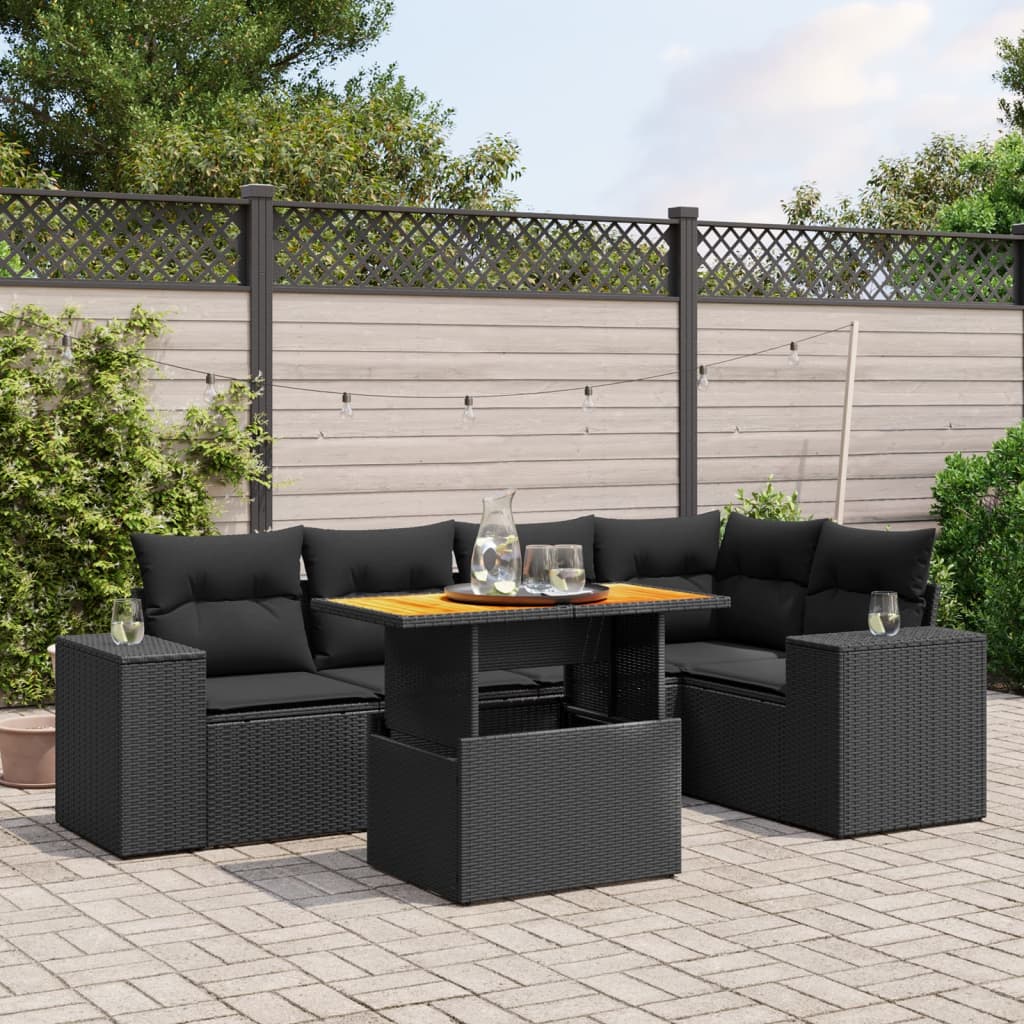 Set Divano da Giardino 6 pz con Cuscini Nero in Polyrattan