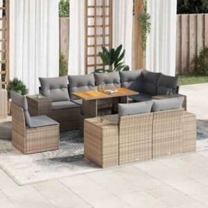 Set Divano da Giardino 9 pz con Cuscini Beige in Polyrattan
