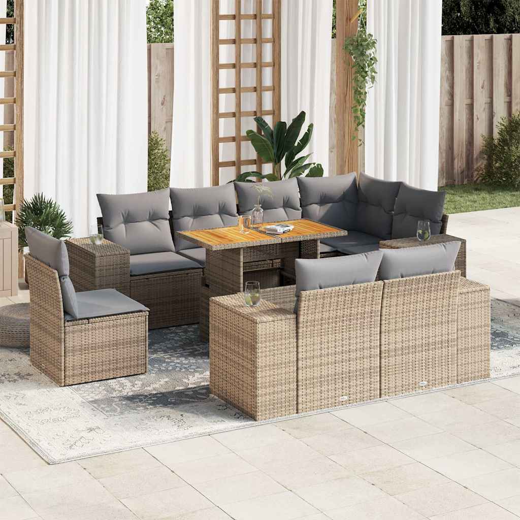 Set Divano da Giardino 9 pz con Cuscini Beige in Polyrattan