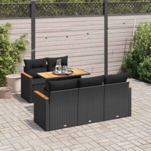 Set Divano da Giardino 6 pz con Cuscini Nero Polyrattan Acacia