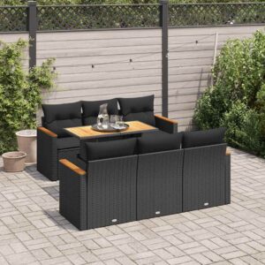 Set Divani da Giardino con Cuscini 7pz Nero Polyrattan Acacia