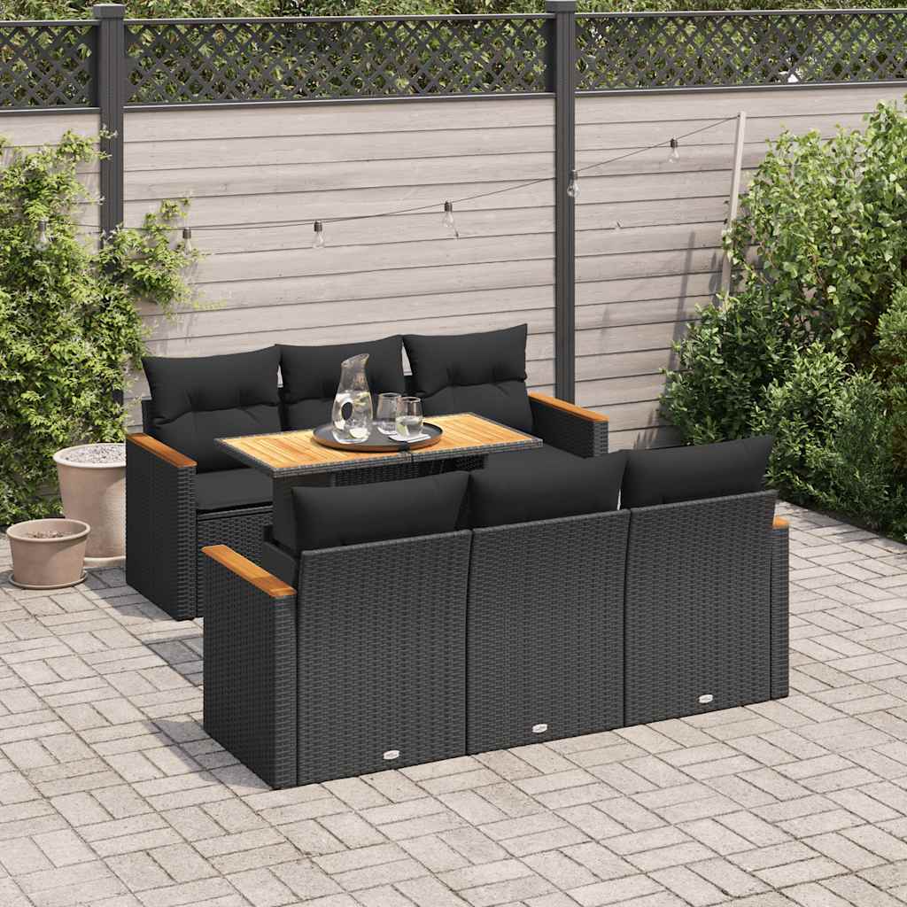 Set Divani da Giardino con Cuscini 7pz Nero Polyrattan Acacia