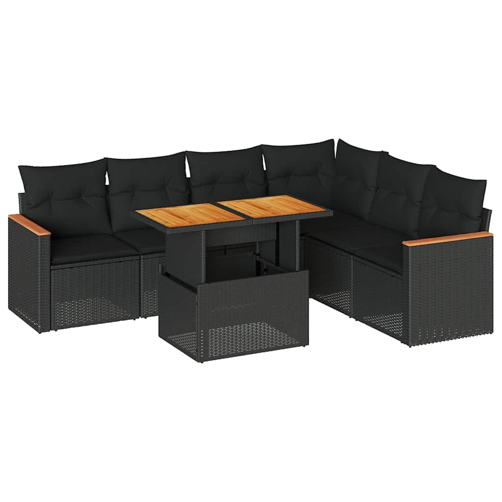 Set Divani da Giardino con Cuscini 7pz Nero Polyrattan Acacia - immagine 2