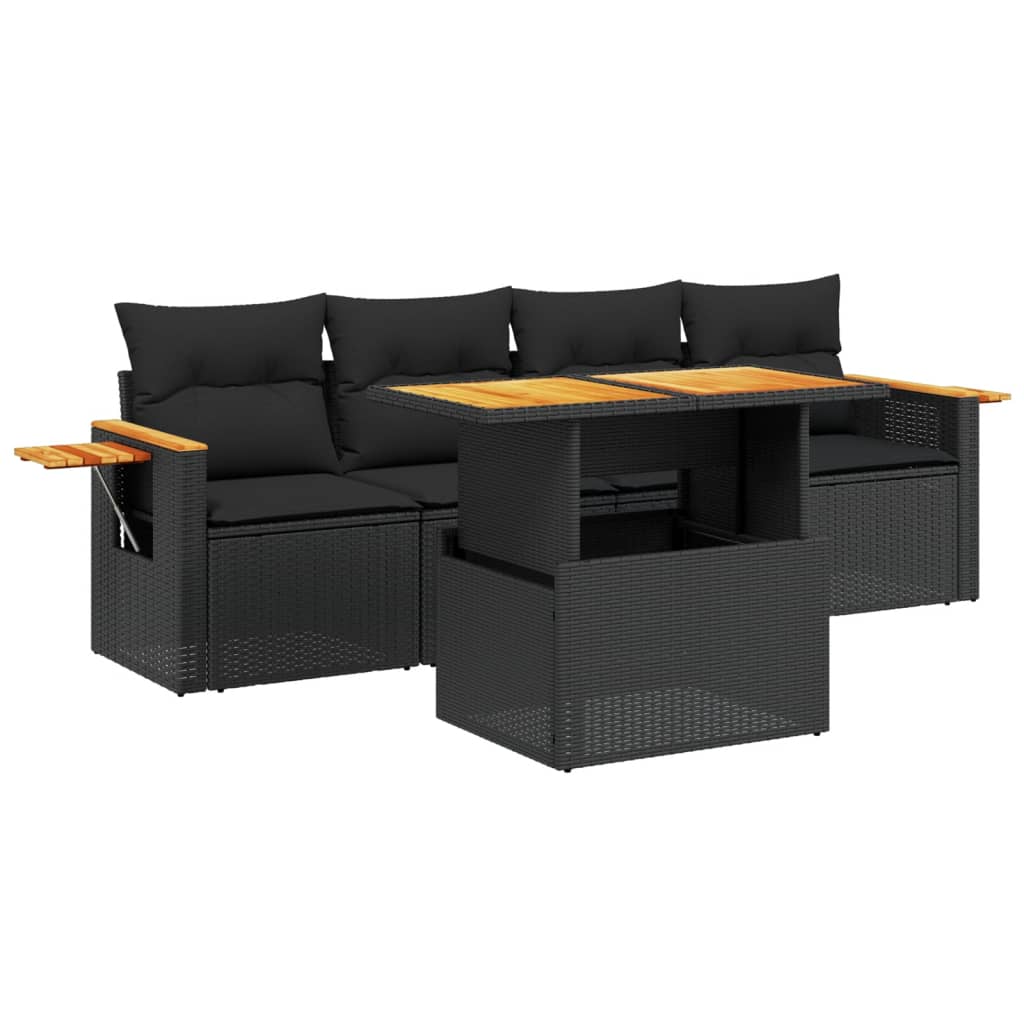 Set Divani da Giardino 5 pz con Cuscini in Polyrattan Nero - immagine 2