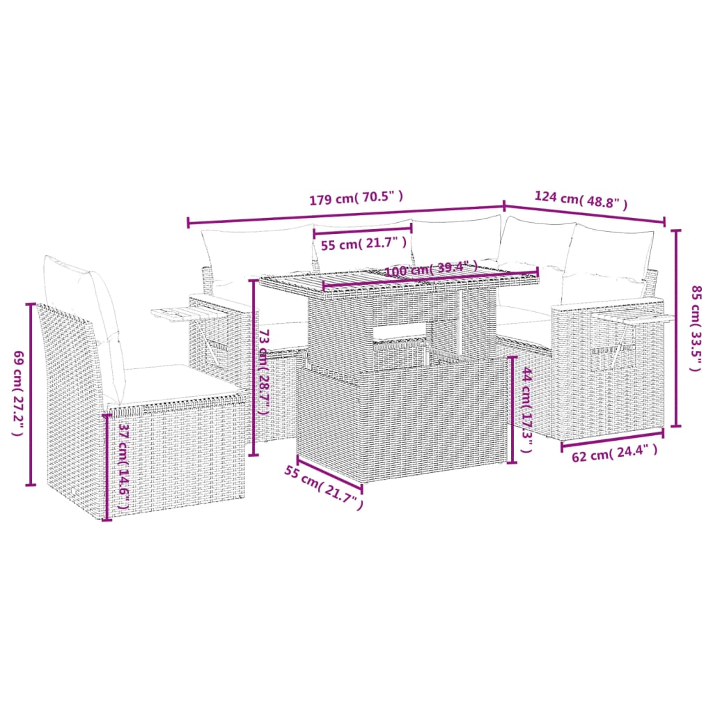 Set Divano da Giardino 6 pz con Cuscini Nero in Polyrattan - immagine 3