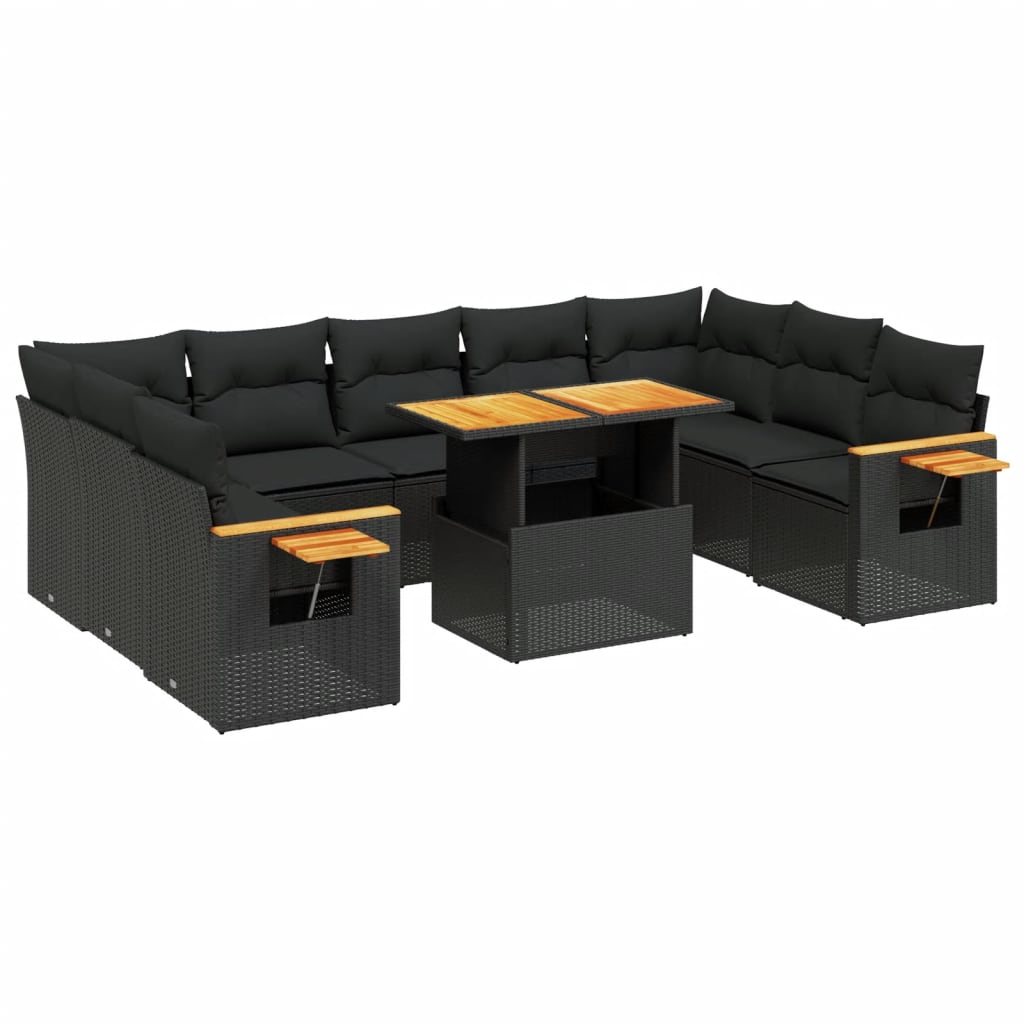 Set Divani da Giardino 10pz con Cuscini in Polyrattan Nero - immagine 2