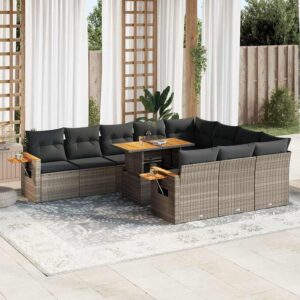 Set Divani Giardino 11 pz con Cuscini Polyrattan Acacia Grigio